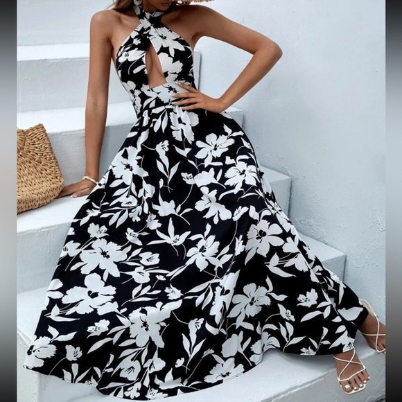 Boho Tropical Floral Print Criss Cross Back Tie Backless Halter Dress Black - Picture 2 of 6